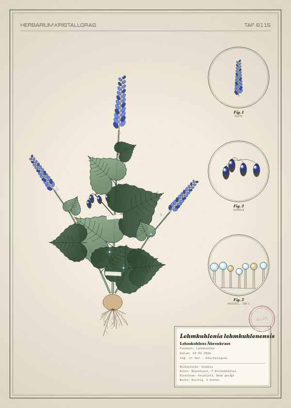Botanische Tafel: Lehmkuhlenia lehmkuhlenensis, eine erfundene Pflanze aus Lehmkuhlen, gezeichnet wie in einem alten Pflanzenatlas