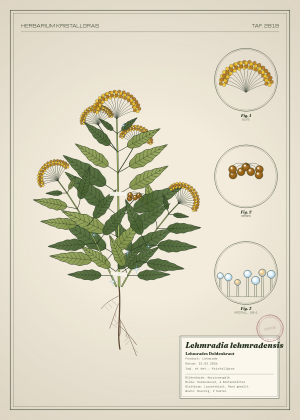 Botanische Tafel: Lehmradia lehmradensis, eine erfundene Pflanze aus Lehmrade, gezeichnet wie in einem alten Pflanzenatlas