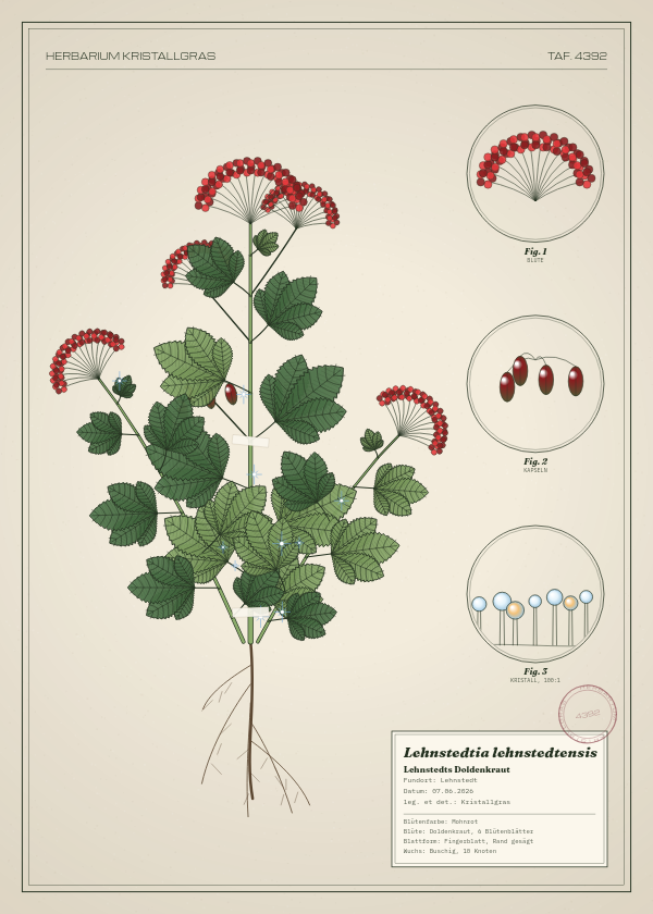 Botanische Tafel: Lehnstedtia lehnstedtensis, eine erfundene Pflanze aus Lehnstedt, gezeichnet wie in einem alten Pflanzenatlas