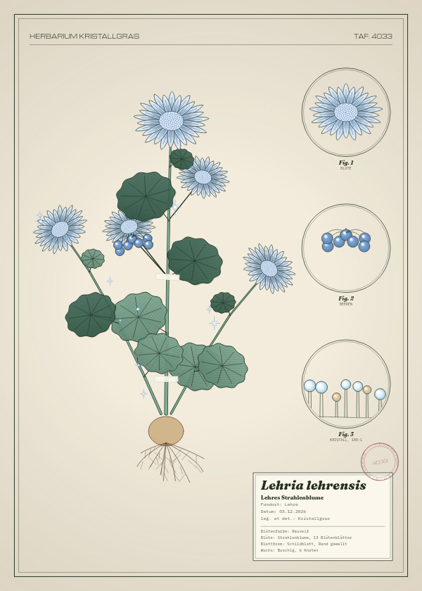 Botanische Tafel: Lehria lehrensis, eine erfundene Pflanze aus Lehre, gezeichnet wie in einem alten Pflanzenatlas