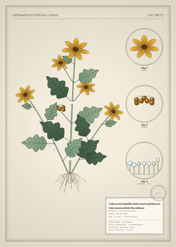 Botanische Tafel: Lehrensteinsfeldia lehrensteinsfeldensis, eine erfundene Pflanze aus Lehrensteinsfeld, gezeichnet wie in einem alten Pflanzenatlas