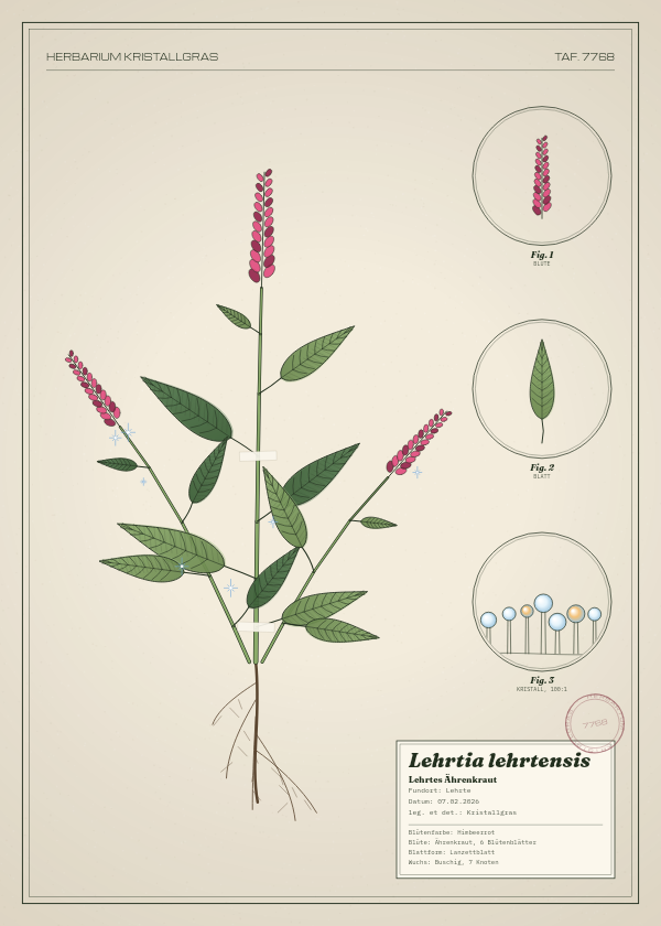 Botanische Tafel: Lehrtia lehrtensis, eine erfundene Pflanze aus Lehrte, gezeichnet wie in einem alten Pflanzenatlas
