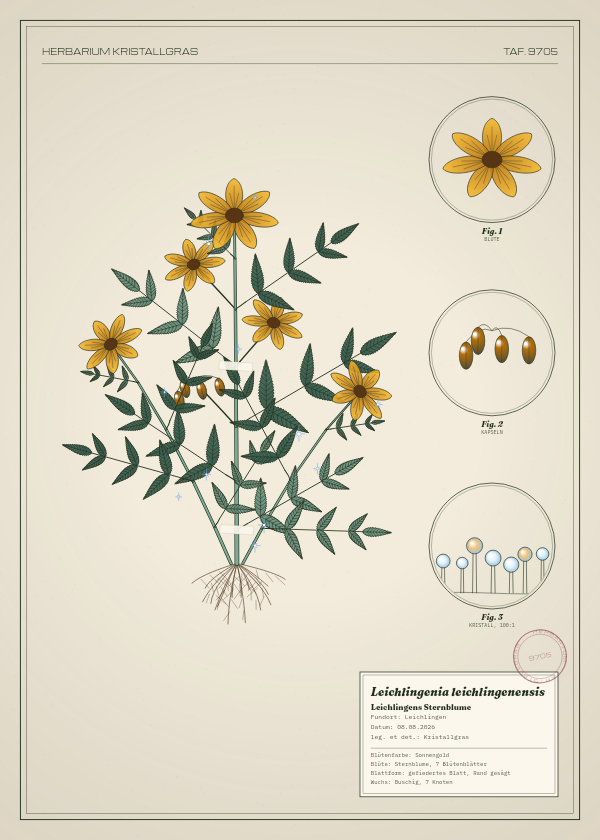 Botanische Tafel: Leichlingenia leichlingenensis, eine erfundene Pflanze aus Leichlingen, gezeichnet wie in einem alten Pflanzenatlas