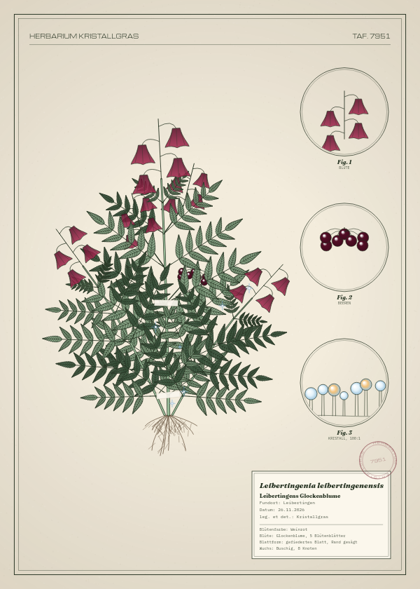Botanische Tafel: Leibertingenia leibertingenensis, eine erfundene Pflanze aus Leibertingen, gezeichnet wie in einem alten Pflanzenatlas