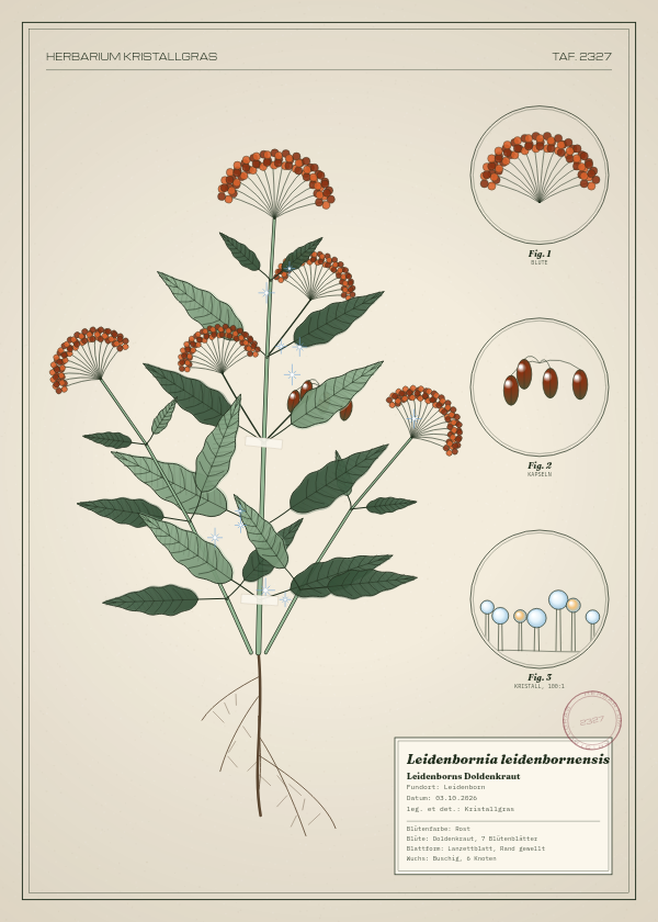 Botanische Tafel: Leidenbornia leidenbornensis, eine erfundene Pflanze aus Leidenborn, gezeichnet wie in einem alten Pflanzenatlas