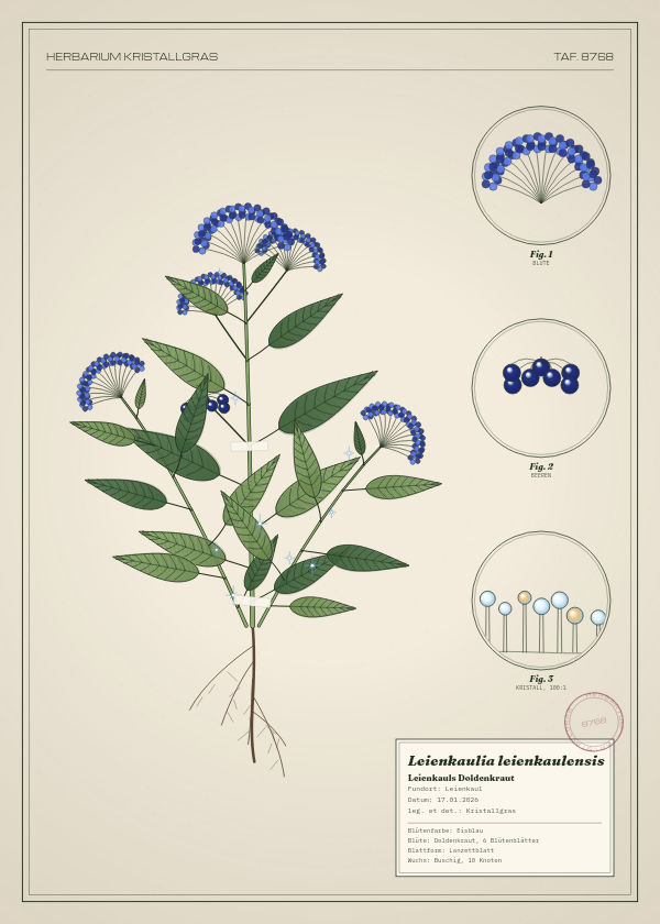 Botanische Tafel: Leienkaulia leienkaulensis, eine erfundene Pflanze aus Leienkaul, gezeichnet wie in einem alten Pflanzenatlas