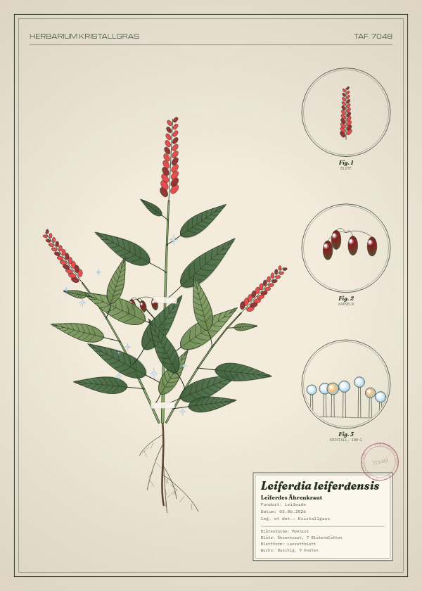 Botanische Tafel: Leiferdia leiferdensis, eine erfundene Pflanze aus Leiferde, gezeichnet wie in einem alten Pflanzenatlas