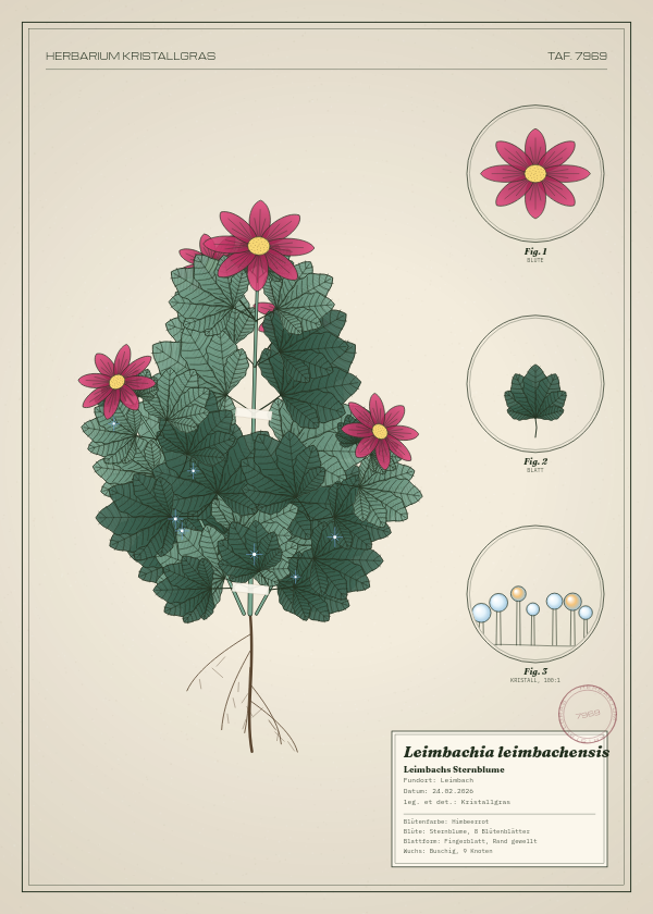 Botanische Tafel: Leimbachia leimbachensis, eine erfundene Pflanze aus Leimbach, gezeichnet wie in einem alten Pflanzenatlas