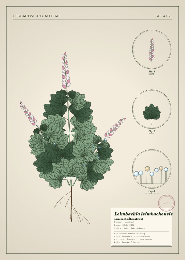 Botanische Tafel: Leimbachia leimbachensis, eine erfundene Pflanze aus Leimbach, gezeichnet wie in einem alten Pflanzenatlas