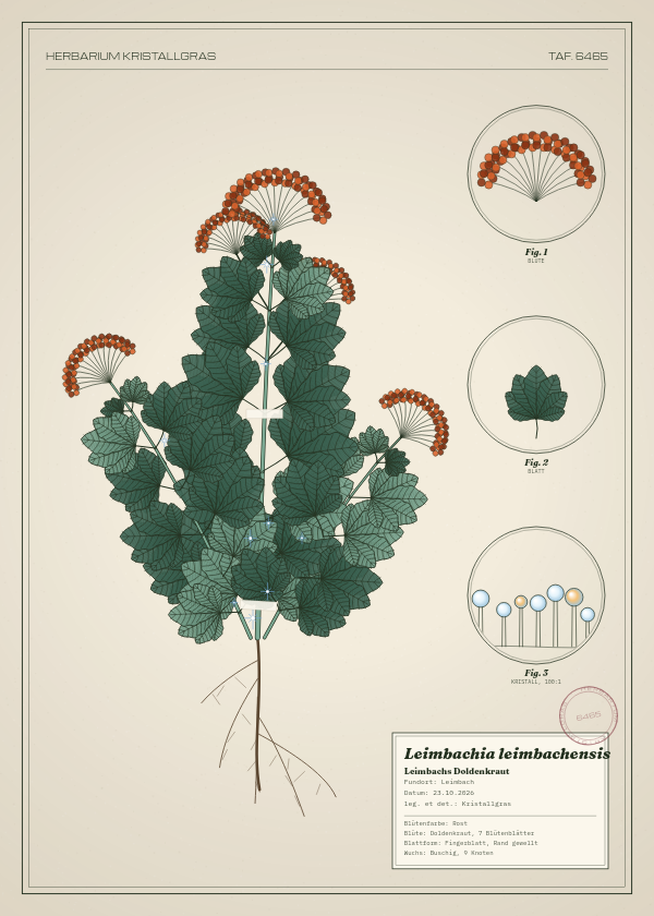 Botanische Tafel: Leimbachia leimbachensis, eine erfundene Pflanze aus Leimbach, gezeichnet wie in einem alten Pflanzenatlas
