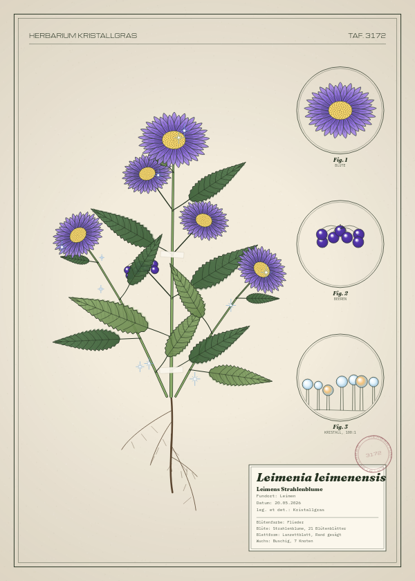 Botanische Tafel: Leimenia leimenensis, eine erfundene Pflanze aus Leimen, gezeichnet wie in einem alten Pflanzenatlas