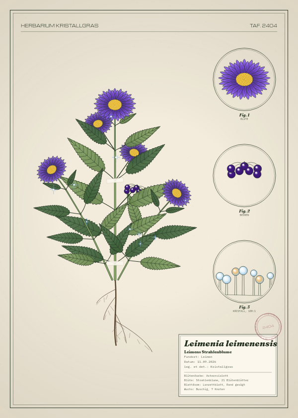 Botanische Tafel: Leimenia leimenensis, eine erfundene Pflanze aus Leimen, gezeichnet wie in einem alten Pflanzenatlas