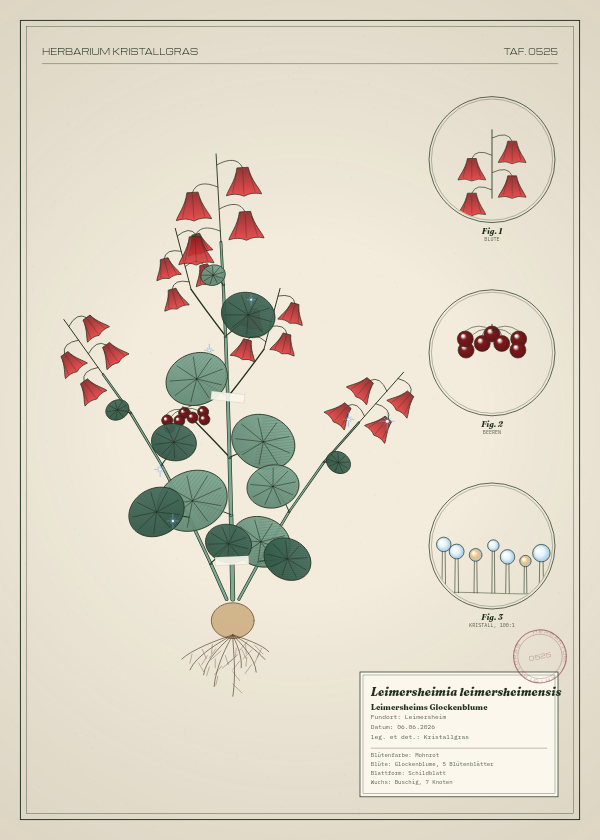 Botanische Tafel: Leimersheimia leimersheimensis, eine erfundene Pflanze aus Leimersheim, gezeichnet wie in einem alten Pflanzenatlas
