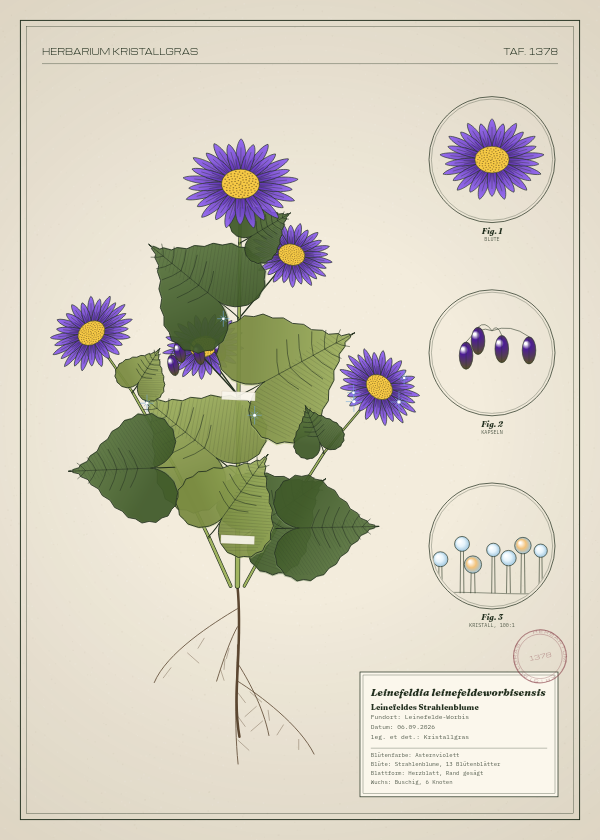 Botanische Tafel: Leinefeldia leinefeldeworbisensis, eine erfundene Pflanze aus Leinefelde-Worbis, gezeichnet wie in einem alten Pflanzenatlas