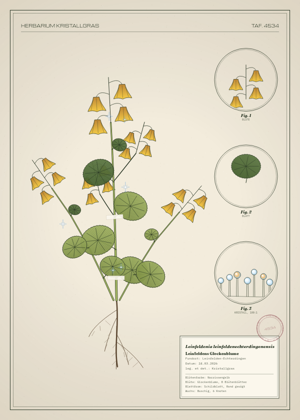 Botanische Tafel: Leinfeldenia leinfeldenechterdingenensis, eine erfundene Pflanze aus Leinfelden-Echterdingen, gezeichnet wie in einem alten Pflanzenatlas