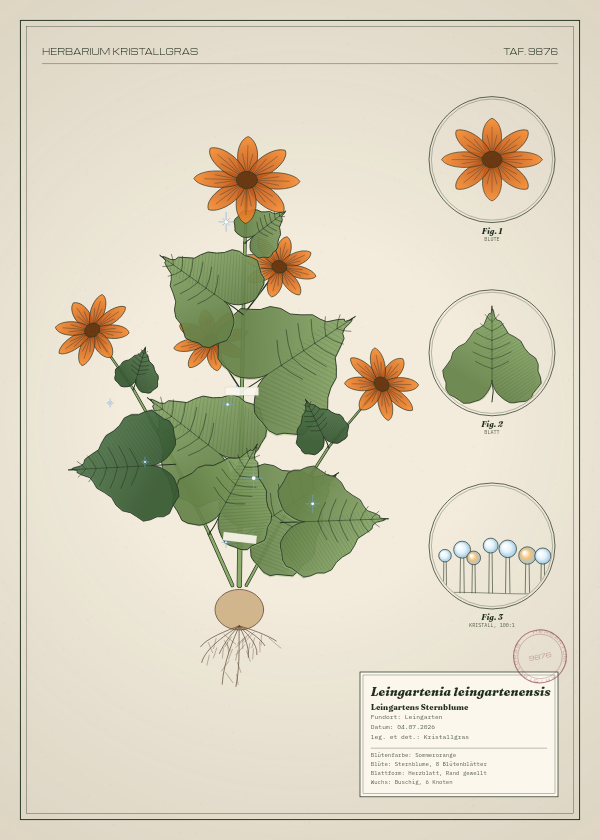 Botanische Tafel: Leingartenia leingartenensis, eine erfundene Pflanze aus Leingarten, gezeichnet wie in einem alten Pflanzenatlas