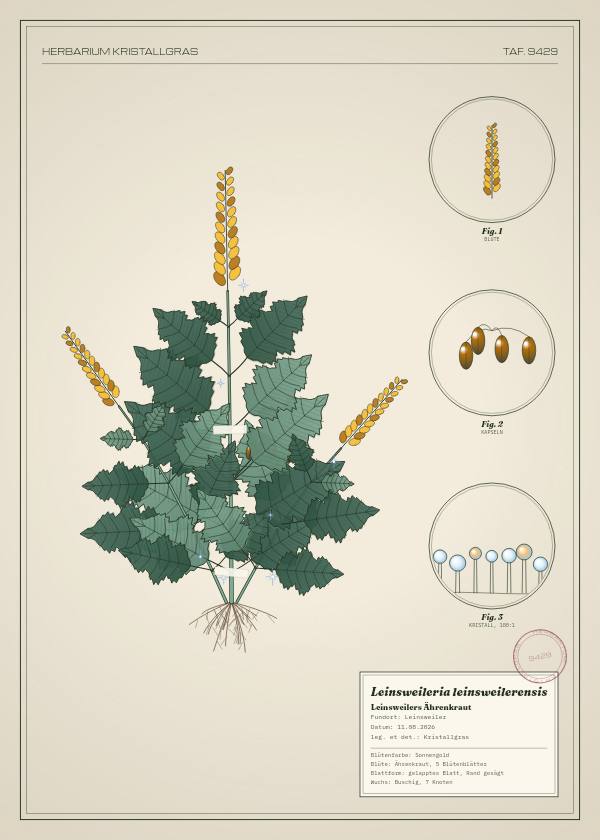 Botanische Tafel: Leinsweileria leinsweilerensis, eine erfundene Pflanze aus Leinsweiler, gezeichnet wie in einem alten Pflanzenatlas