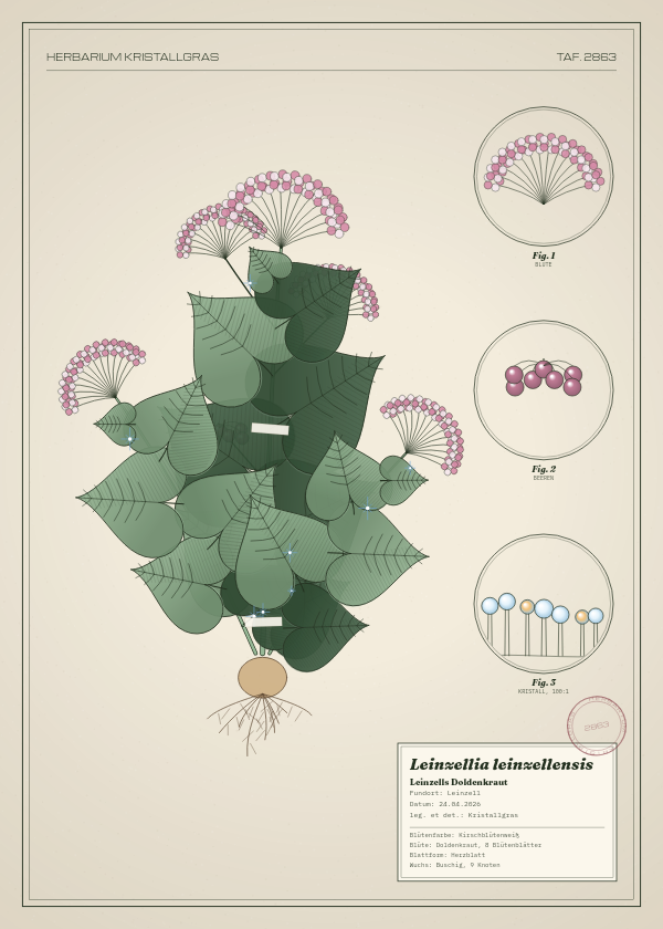 Botanische Tafel: Leinzellia leinzellensis, eine erfundene Pflanze aus Leinzell, gezeichnet wie in einem alten Pflanzenatlas