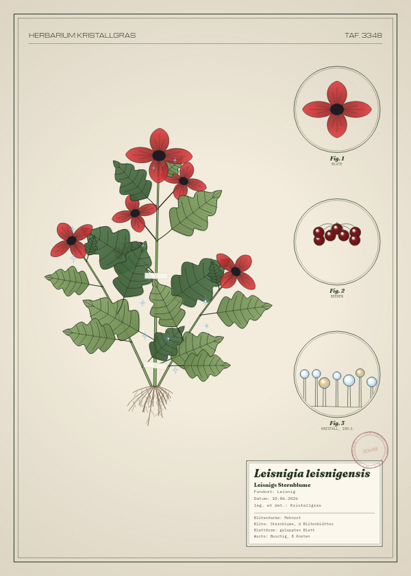 Botanische Tafel: Leisnigia leisnigensis, eine erfundene Pflanze aus Leisnig, gezeichnet wie in einem alten Pflanzenatlas