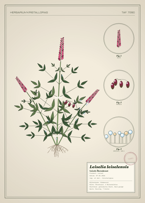 Botanische Tafel: Leiselia leiselensis, eine erfundene Pflanze aus Leisel, gezeichnet wie in einem alten Pflanzenatlas