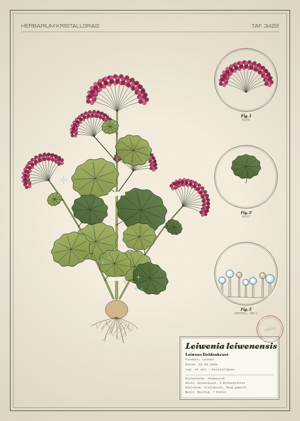 Botanische Tafel: Leiwenia leiwenensis, eine erfundene Pflanze aus Leiwen, gezeichnet wie in einem alten Pflanzenatlas