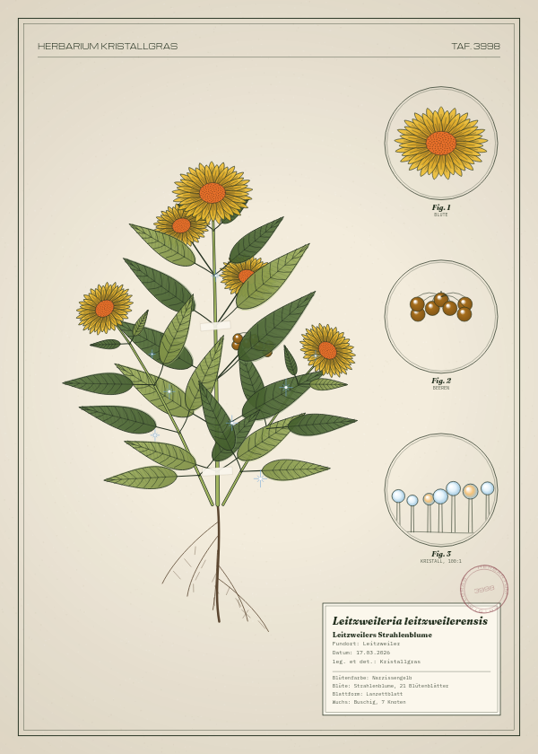 Botanische Tafel: Leitzweileria leitzweilerensis, eine erfundene Pflanze aus Leitzweiler, gezeichnet wie in einem alten Pflanzenatlas