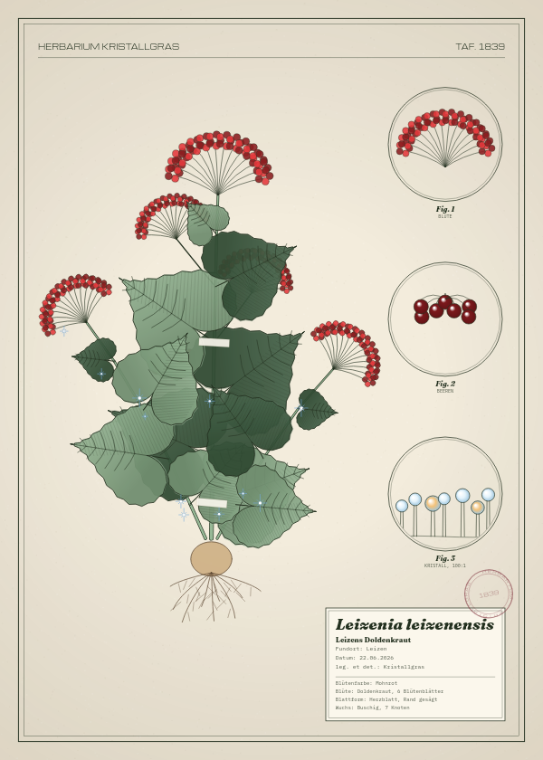 Botanische Tafel: Leizenia leizenensis, eine erfundene Pflanze aus Leizen, gezeichnet wie in einem alten Pflanzenatlas