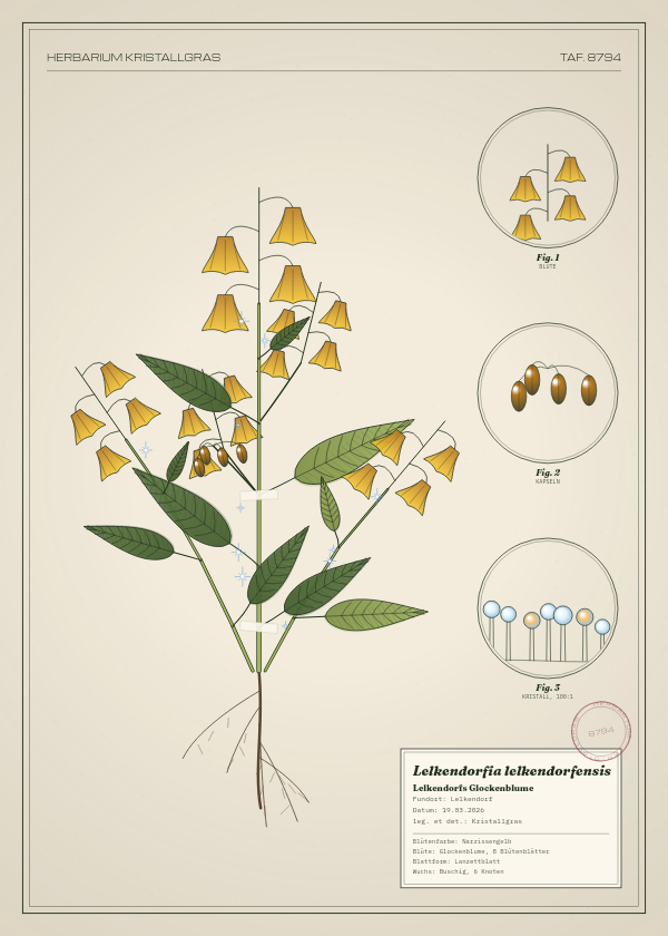 Botanische Tafel: Lelkendorfia lelkendorfensis, eine erfundene Pflanze aus Lelkendorf, gezeichnet wie in einem alten Pflanzenatlas