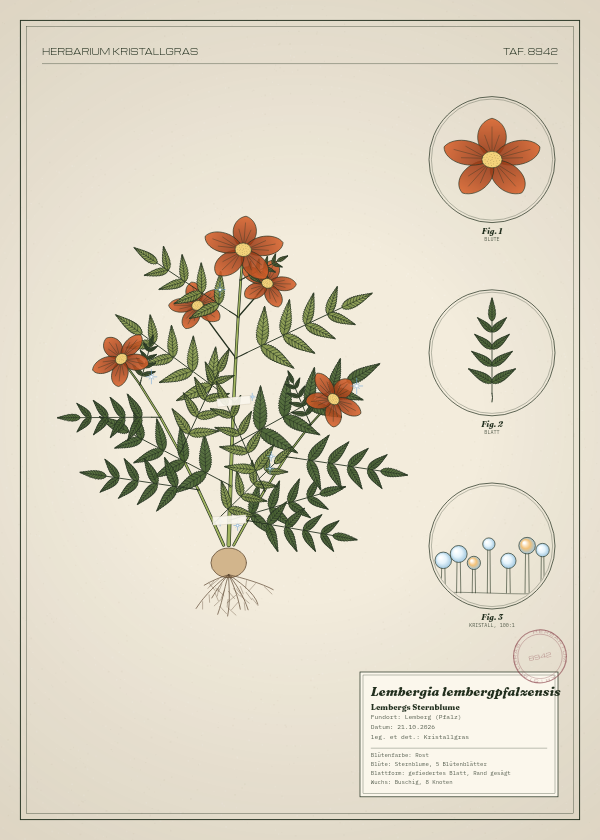 Botanische Tafel: Lembergia lembergpfalzensis, eine erfundene Pflanze aus Lemberg (Pfalz), gezeichnet wie in einem alten Pflanzenatlas