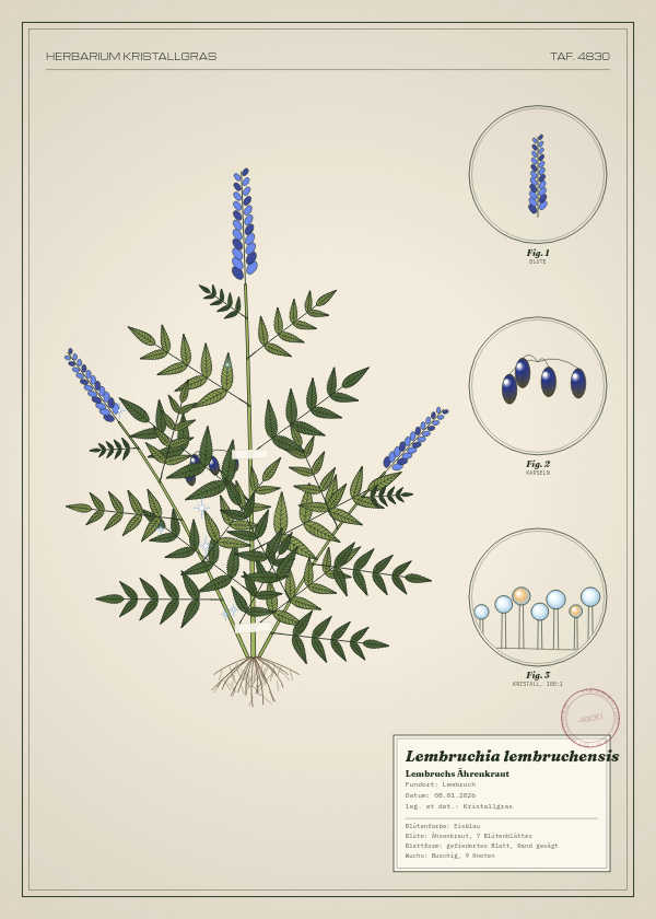Botanische Tafel: Lembruchia lembruchensis, eine erfundene Pflanze aus Lembruch, gezeichnet wie in einem alten Pflanzenatlas