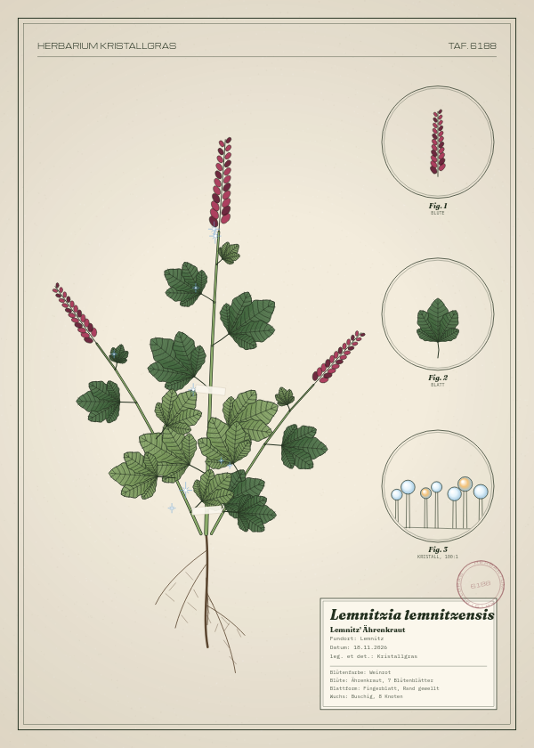 Botanische Tafel: Lemnitzia lemnitzensis, eine erfundene Pflanze aus Lemnitz, gezeichnet wie in einem alten Pflanzenatlas
