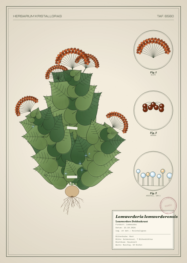Botanische Tafel: Lemwerderia lemwerderensis, eine erfundene Pflanze aus Lemwerder, gezeichnet wie in einem alten Pflanzenatlas
