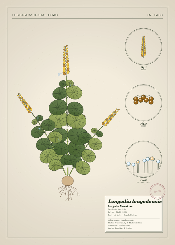 Botanische Tafel: Lengedia lengedensis, eine erfundene Pflanze aus Lengede, gezeichnet wie in einem alten Pflanzenatlas