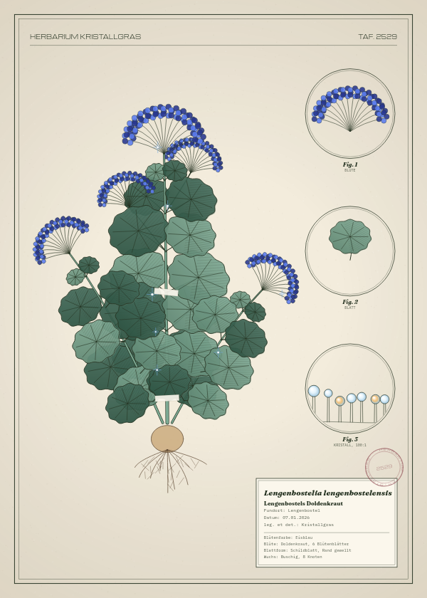 Botanische Tafel: Lengenbostelia lengenbostelensis, eine erfundene Pflanze aus Lengenbostel, gezeichnet wie in einem alten Pflanzenatlas