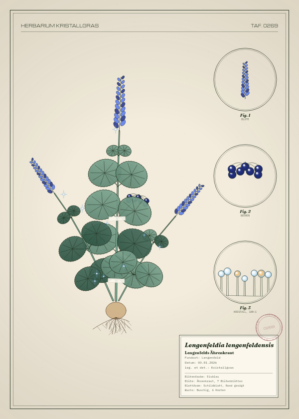 Botanische Tafel: Lengenfeldia lengenfeldensis, eine erfundene Pflanze aus Lengenfeld, gezeichnet wie in einem alten Pflanzenatlas