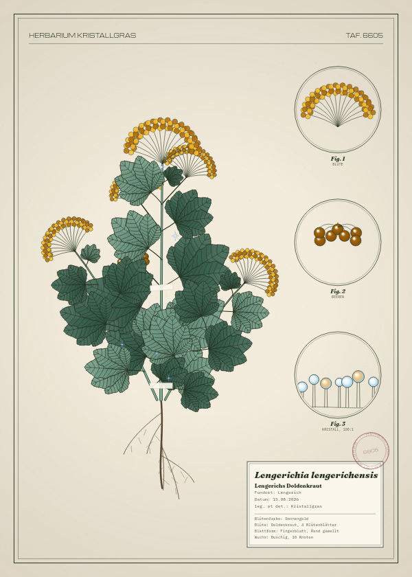 Botanische Tafel: Lengerichia lengerichensis, eine erfundene Pflanze aus Lengerich, gezeichnet wie in einem alten Pflanzenatlas