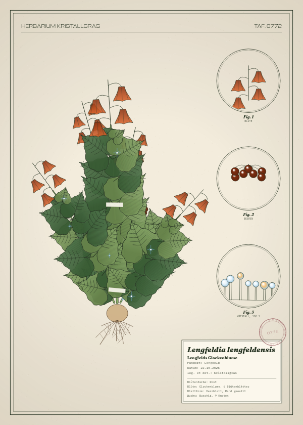 Botanische Tafel: Lengfeldia lengfeldensis, eine erfundene Pflanze aus Lengfeld, gezeichnet wie in einem alten Pflanzenatlas