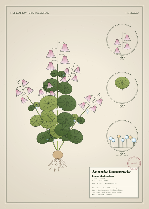 Botanische Tafel: Lennia lennensis, eine erfundene Pflanze aus Lenne, gezeichnet wie in einem alten Pflanzenatlas