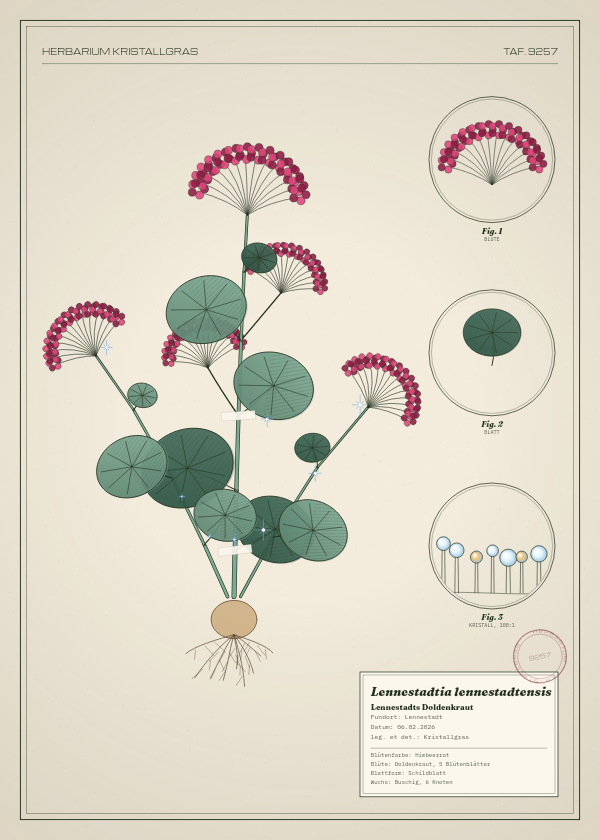 Botanische Tafel: Lennestadtia lennestadtensis, eine erfundene Pflanze aus Lennestadt, gezeichnet wie in einem alten Pflanzenatlas