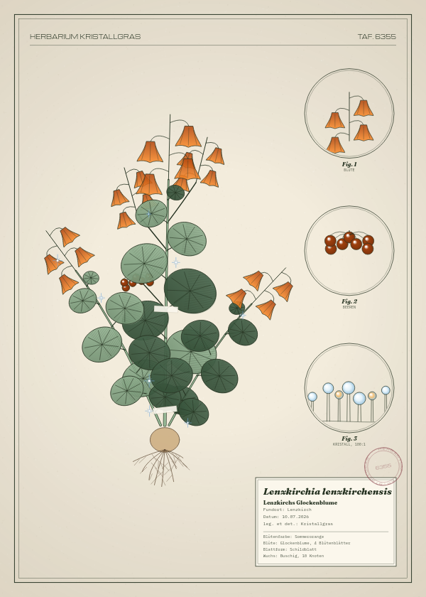 Botanische Tafel: Lenzkirchia lenzkirchensis, eine erfundene Pflanze aus Lenzkirch, gezeichnet wie in einem alten Pflanzenatlas