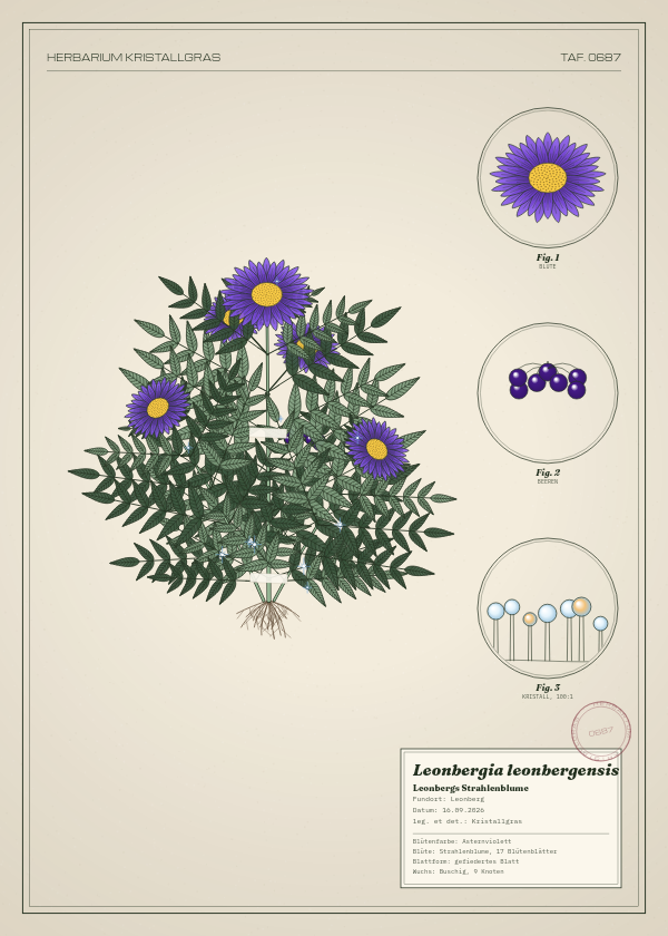 Botanische Tafel: Leonbergia leonbergensis, eine erfundene Pflanze aus Leonberg, gezeichnet wie in einem alten Pflanzenatlas
