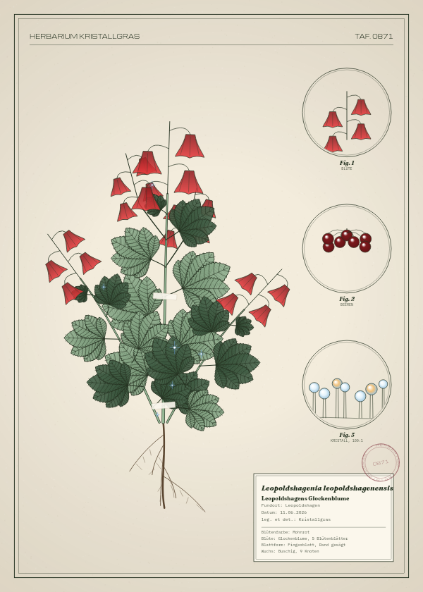 Botanische Tafel: Leopoldshagenia leopoldshagenensis, eine erfundene Pflanze aus Leopoldshagen, gezeichnet wie in einem alten Pflanzenatlas