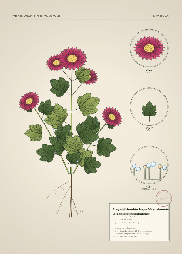 Botanische Tafel: Leopoldshoehia leopoldshoehensis, eine erfundene Pflanze aus Leopoldshöhe, gezeichnet wie in einem alten Pflanzenatlas