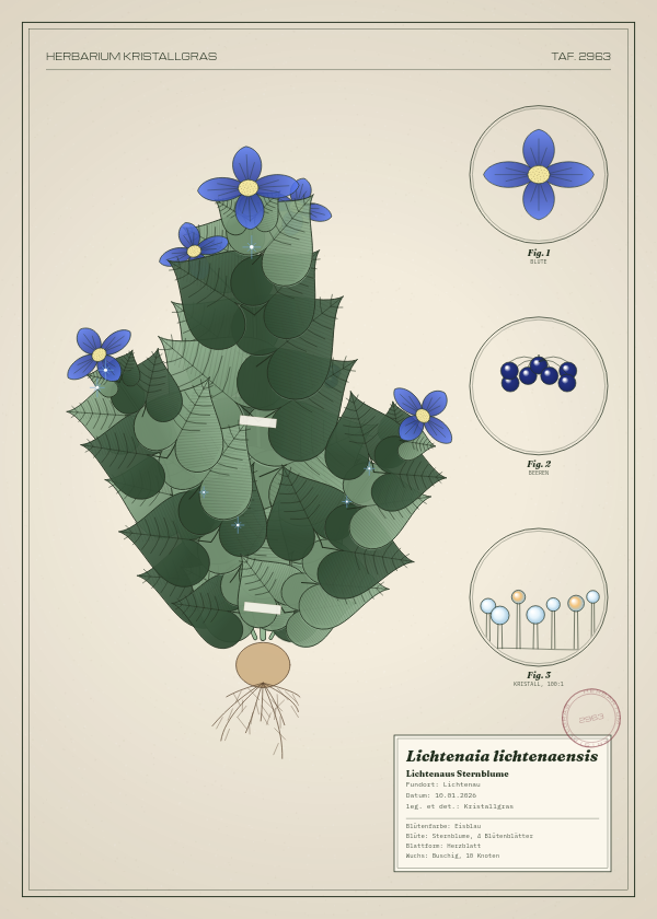 Botanische Tafel: Lichtenaia lichtenaensis, eine erfundene Pflanze aus Lichtenau, gezeichnet wie in einem alten Pflanzenatlas