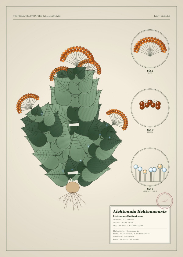 Botanische Tafel: Lichtenaia lichtenaensis, eine erfundene Pflanze aus Lichtenau, gezeichnet wie in einem alten Pflanzenatlas