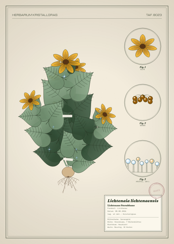 Botanische Tafel: Lichtenaia lichtenaensis, eine erfundene Pflanze aus Lichtenau, gezeichnet wie in einem alten Pflanzenatlas