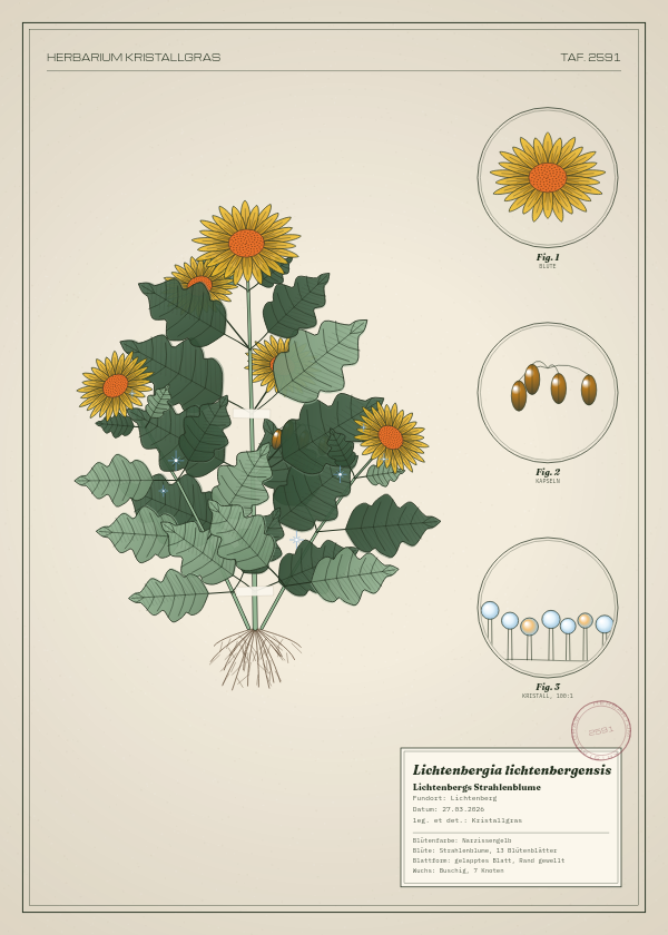 Botanische Tafel: Lichtenbergia lichtenbergensis, eine erfundene Pflanze aus Lichtenberg, gezeichnet wie in einem alten Pflanzenatlas