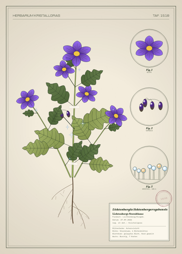 Botanische Tafel: Lichtenbergia lichtenbergerzgebensis, eine erfundene Pflanze aus Lichtenberg/Erzgeb., gezeichnet wie in einem alten Pflanzenatlas