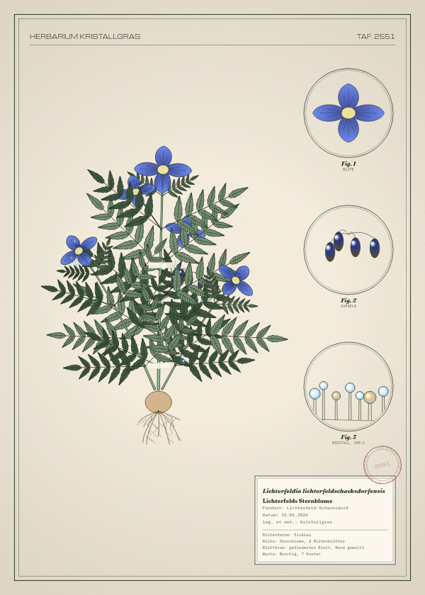 Botanische Tafel: Lichterfeldia lichterfeldschacksdorfensis, eine erfundene Pflanze aus Lichterfeld-Schacksdorf, gezeichnet wie in einem alten Pflanzenatlas
