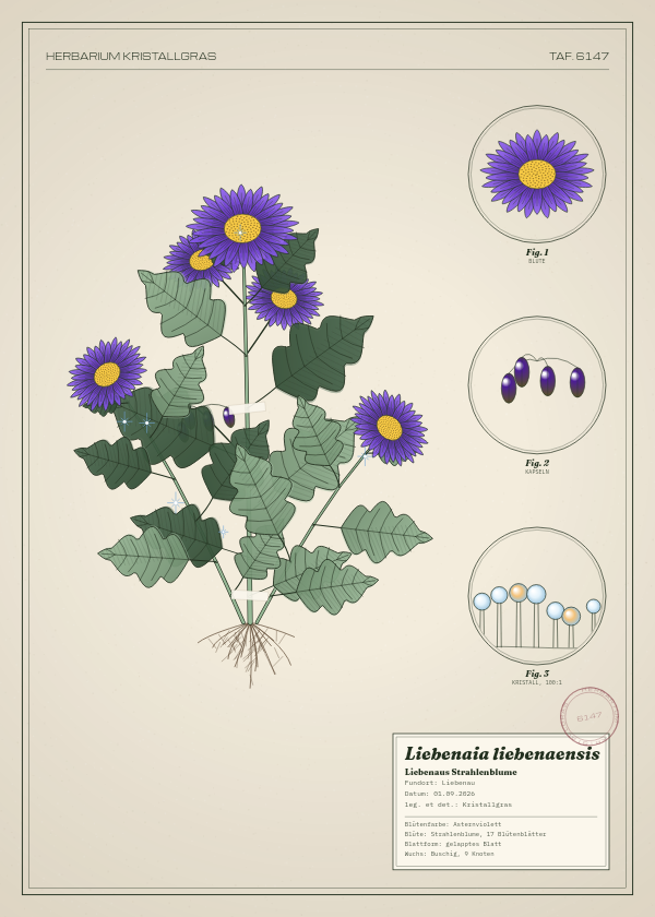Botanische Tafel: Liebenaia liebenaensis, eine erfundene Pflanze aus Liebenau, gezeichnet wie in einem alten Pflanzenatlas